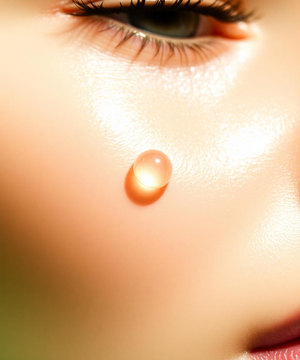 Close-up of glowing dewy skin with a droplet of Brightora serum